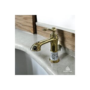 Gold Vintage Lavabo Bataryası Porsalen Tasarım Pirinç Armatür 5 Yıl Garantili
