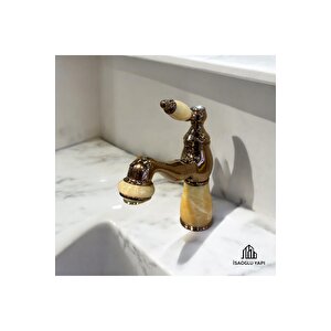 Bakır Lavabo Bataryası Bronz Bal Mumu Detaylı Mermer Tasarım Spiralli Uzayabilen Armatür
