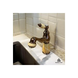 Bakır Lavabo Bataryası Bronz Bal Mumu Detaylı Mermer Tasarım Spiralli Uzayabilen Armatür