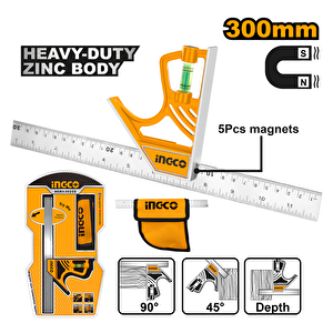 Ingco Hsr530255 300mm Manyetik Kilit Kombinasyonlu Çelik Gönye/cetvel
