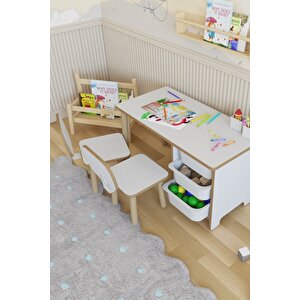Çocuk Masa Sandalye Takımı 90x45 Cm 3 Sepetli Çocuk Çalışma Ve Aktivite Masası Yaz-sil,2 Sandalyeli