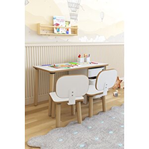 Çocuk Masa Sandalye Takımı 90x45 Cm 3 Sepetli Çocuk Çalışma Ve Aktivite Masası Yaz-sil,2 Sandalyeli