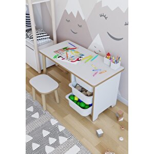 Çocuk Masa Takımı 90x45 Cm 3 Sepetli Çocuk Çalışma Masası Aktivite Masası Yaz-sil 1 Adet Tabureli