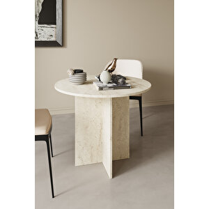 Elegance Mutfak Masası 90 Cm Yuvarlak İskandinav Stili Yemek Masası - Traverten Görünümlü