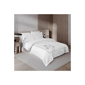 Gloria 300 Tc Pamuk Saten Nakışlı King Size Nevresim Seti Beyaz Antrasit