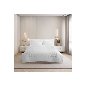 Milo 300 Tc Pamuk Saten Nakışlı Ve Ajurlu King Size Nevresim Seti Beyaz Gri