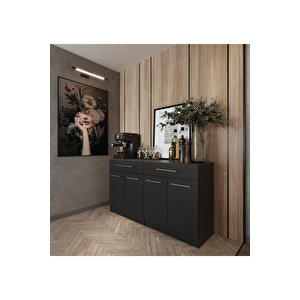 Matcha 4 Kapaklı - 2 Çekmeceli Mutfak Alt Modül - 140 Cm - Çok Amaçlı Dolap - Tezgah Dahil - Antrasit