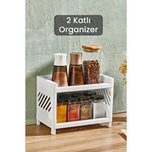 2 Katlı Beyaz Plastik Çok Amaçlı Makyaj Banyo Ofis Raf Organizeri Mit1279