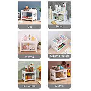 2 Katlı Beyaz Plastik Çok Amaçlı Makyaj Banyo Ofis Raf Organizeri Mit1279