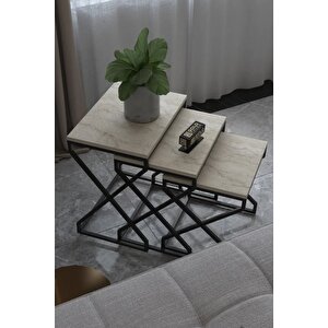 Falez Zigon Sehpa Takımı, 3'lü Set, Yan Sehpa Traverten Desen