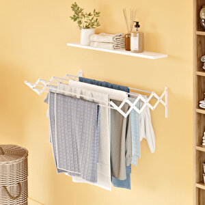 Akordiyon 100 Cm 9 Gözlü Duvara Monte Katlanabilir Çamaşır Kurturma Askısı Beyaz Beyaz