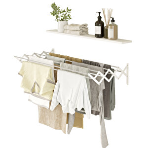 Akordion 120cm 9 Gözlü Çamaşır Kurutma Askısı Duvara Monte Katlanabilir Kurutmalık Beyaz Beyaz