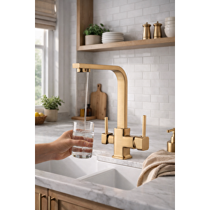 Mat Gold Aritmali Mutfak Evi̇ye Bataryasi 3 Yollu Kare Mutfak Musluk Pri̇nç Garanti̇li̇ Altin Armatür