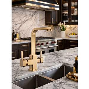 Mat Gold Aritmali Mutfak Evi̇ye Bataryasi 3 Yollu Kare Mutfak Musluk Pri̇nç Garanti̇li̇ Altin Armatür