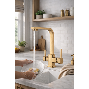 Mat Gold Aritmali Mutfak Evi̇ye Bataryasi 3 Yollu Kare Mutfak Musluk Pri̇nç Garanti̇li̇ Altin Armatür