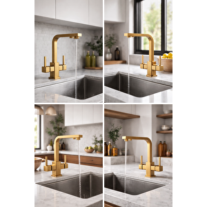 Mat Gold Aritmali Mutfak Evi̇ye Bataryasi 3 Yollu Kare Mutfak Musluk Pri̇nç Garanti̇li̇ Altin Armatür