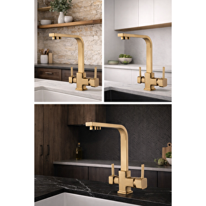 Mat Gold Aritmali Mutfak Evi̇ye Bataryasi 3 Yollu Kare Mutfak Musluk Pri̇nç Garanti̇li̇ Altin Armatür