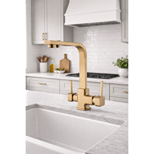 Mat Gold Aritmali Mutfak Evi̇ye Bataryasi 3 Yollu Kare Mutfak Musluk Pri̇nç Garanti̇li̇ Altin Armatür