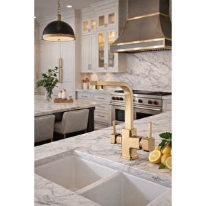 Mat Gold Aritmali Mutfak Evi̇ye Bataryasi 3 Yollu Kare Mutfak Musluk Pri̇nç Garanti̇li̇ Altin Armatür