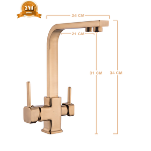 Mat Gold Aritmali Mutfak Evi̇ye Bataryasi 3 Yollu Kare Mutfak Musluk Pri̇nç Garanti̇li̇ Altin Armatür