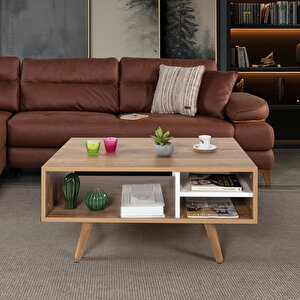 2035 Venüs ( Ahşap Ayakli ) Orta Sehpa , Sepet - Beyaz , Salon , Ofis , Oturma Odası Beyaz-Sepet