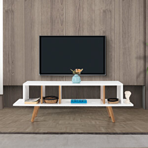 3348 Tire 130 Cm ( Ahşap Ayakli ) Tv Ünitesi , Söğüt - Beyaz , Tv Sehpası