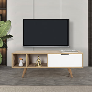 3340 Venüs 130 Cm ( Ahşap Ayakli , Metal Kulplu ) Tv Ünitesi , Safir - Beyaz , Tv Sehpası , Salon Safirmeşe-Beyaz