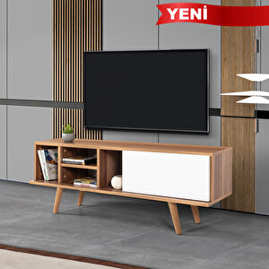 3333 Ela 130 Cm ( Ahşap Ayakli ) Tv Ünitesi , Söğüt - Beyaz , Tv Sehpası , Salon , Oturma Odası