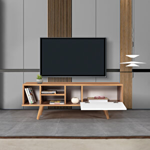 3333 Ela 130 Cm ( Ahşap Ayakli ) Tv Ünitesi , Söğüt - Beyaz , Tv Sehpası , Salon , Oturma Odası