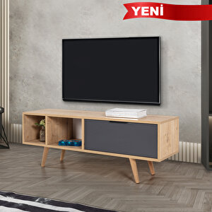 3341 Venüs 130 Cm ( Ahşap Ayakli , Metal Kulplu ) Tv Ünitesi , Safir - Antrasit Antrasit-Safirmeşe