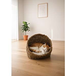Oval Gölgelikli Hasır Kedi Ve Köpek Yatağı, Kedi Evi Örme Sepet Minder Dahil
