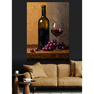 Şarap Şişesi Üzüm Natürmort Dekoratif Kanvas - Mdf Ahşap Tablo 70x100 cm