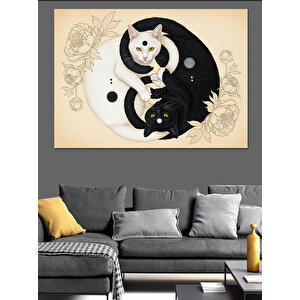 Beyaz Ve Siyah Kedili Yin Yang Denge Ve Uyum Sembolü Dekoratif Kanvas - Mdf Ahşap Tablo 100x140 cm