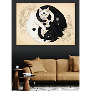 Beyaz Ve Siyah Kedili Yin Yang Denge Ve Uyum Sembolü Dekoratif Kanvas - Mdf Ahşap Tablo 100x140 cm