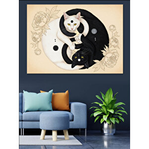 Beyaz Ve Siyah Kedili Yin Yang Denge Ve Uyum Sembolü Dekoratif Kanvas - Mdf Ahşap Tablo 100x140 cm