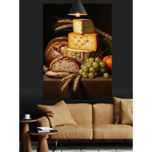 Peynir Ekmek Üzüm Tabağı Dekoratif Kanvas - Mdf Ahşap Tablo 35x50 cm