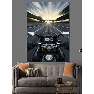 Uzun Yol Gece Sürüşü Motorsiklet Dekoratif Kanvas - Mdf Ahşap Tablo 70x100 cm