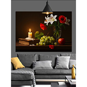 Natürmort Mum Üzüm Ve Kitap Dekoratif Kanvas - Mdf Ahşap Tablo 70x100 cm