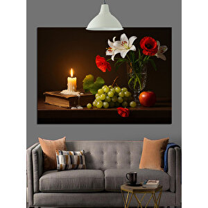 Natürmort Mum Üzüm Ve Kitap Dekoratif Kanvas - Mdf Ahşap Tablo 70x100 cm
