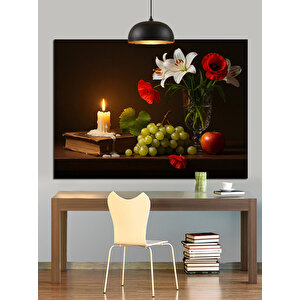 Natürmort Mum Üzüm Ve Kitap Dekoratif Kanvas - Mdf Ahşap Tablo 70x100 cm