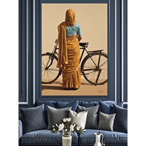 Bisiklet Süren Uzun Şallı Kadın Dekoratif Kanvas - Mdf Ahşap Tablo 100x140 cm
