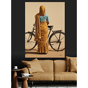 Bisiklet Süren Uzun Şallı Kadın Dekoratif Kanvas - Mdf Ahşap Tablo 100x140 cm