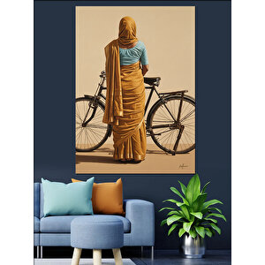Bisiklet Süren Uzun Şallı Kadın Dekoratif Kanvas - Mdf Ahşap Tablo 100x140 cm