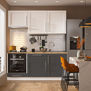 Pia Beyaz-antrasit 180 Cm Beyaz Aspiratör Ve Fırın Modüllü Meşe Tezgahlı Hazır Mutfak Pba-180asp-mt 180 cm