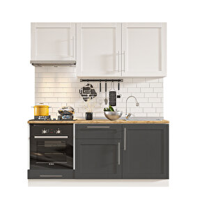 Pia Beyaz-antrasit 180 Cm Beyaz Aspiratör Ve Fırın Modüllü Meşe Tezgahlı Hazır Mutfak Pba-180asp-mt 180 cm