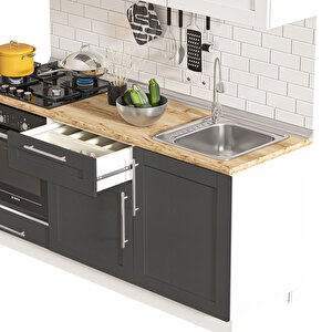 Pia Beyaz-antrasit 180 Cm Beyaz Aspiratör Ve Fırın Modüllü Meşe Tezgahlı Hazır Mutfak Pba-180asp-mt 180 cm