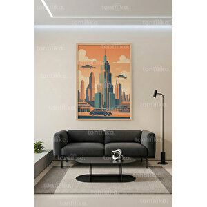 Retro Gelecek Şehir Silüeti Dekoratif Ahşap Çerçeveli Tablo – Modern Duvar Dekoru 21x30 cm