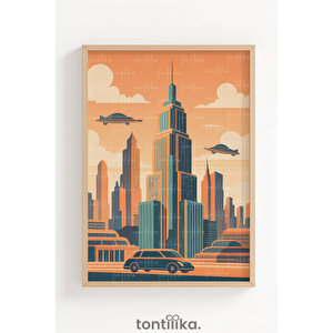 Retro Gelecek Şehir Silüeti Dekoratif Ahşap Çerçeveli Tablo – Modern Duvar Dekoru 21x30 cm