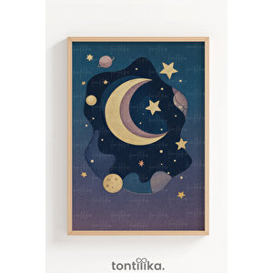 Ay Ve Yıldızlar Gece Gökyüzü Dekoratif Ahşap Çerçeveli Tablo – Çocuk Odası Dekoru 50x70 cm