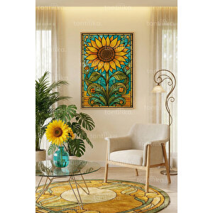 Renkli Ayçiçeği Vitray Stil Dekoratif Ahşap Çerçeveli Tablo – Salon Duvar Dekoru 21x30 cm
